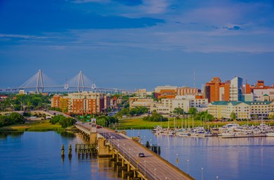 City view with bridge and water